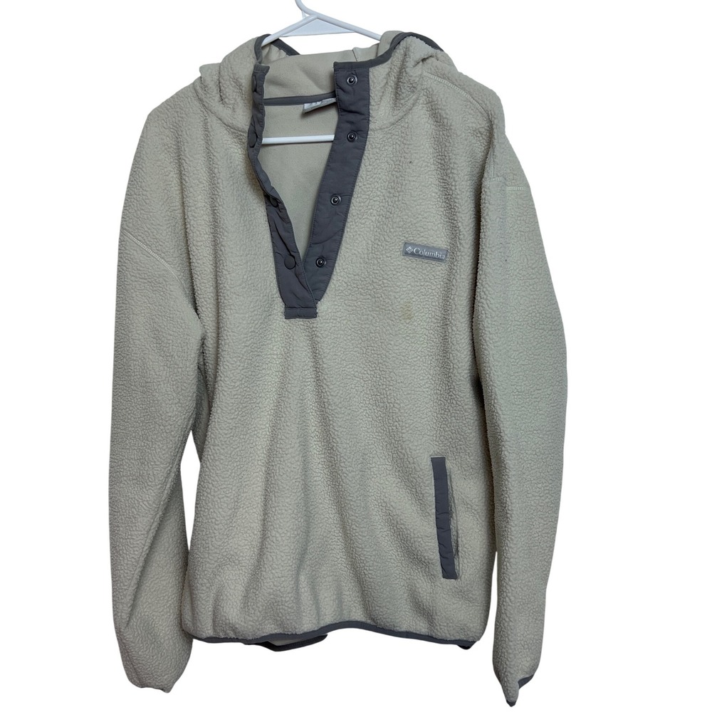 Columbia Sherpa Fleece Hoodie Mens L Cream Grey Snap Pullover Camping Cabin Cozy